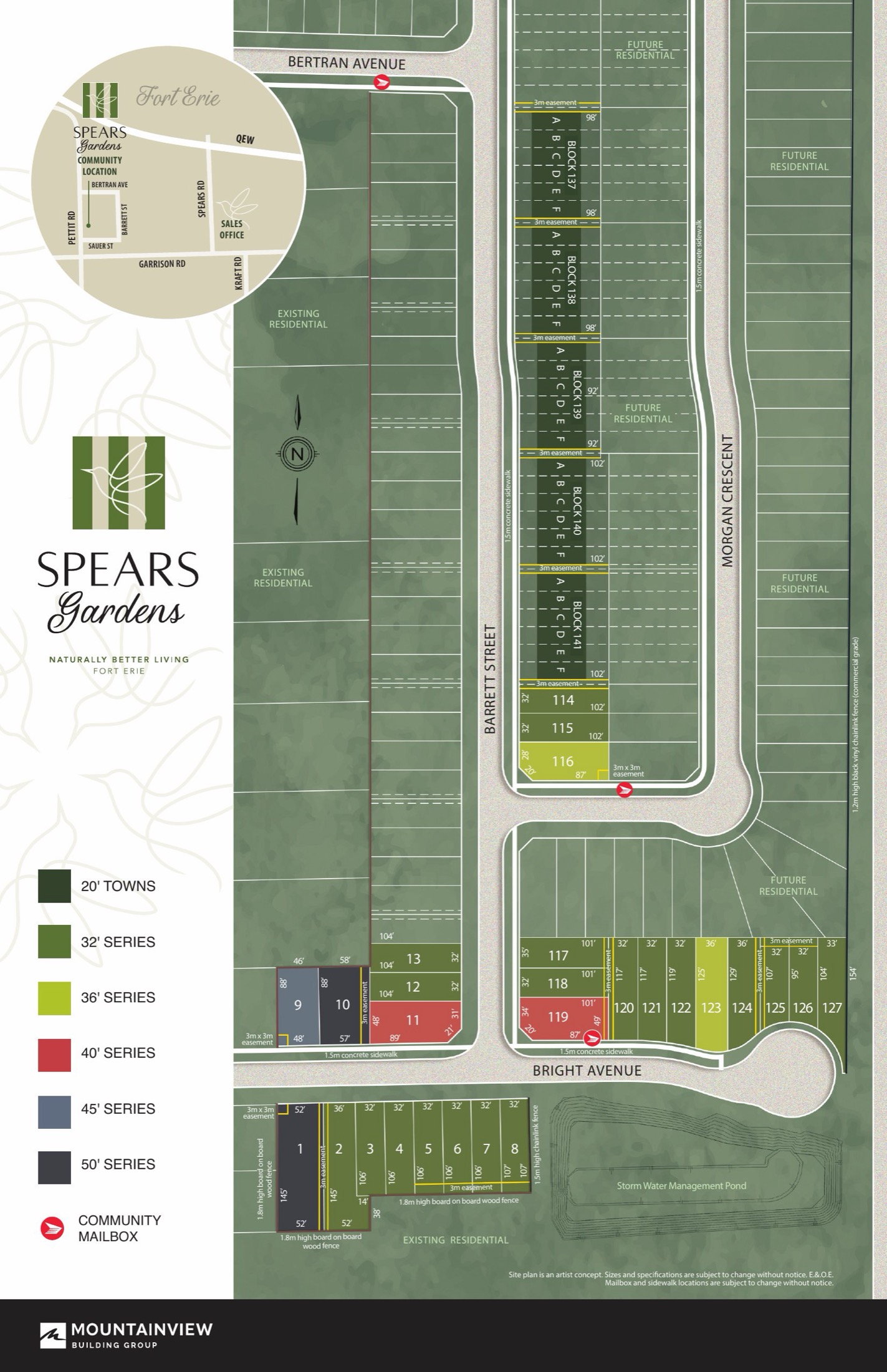 Spears Gardens site plan showing townhome blocks and detached lots around Bertran Avenue, Barrett Street and Bright Avenue